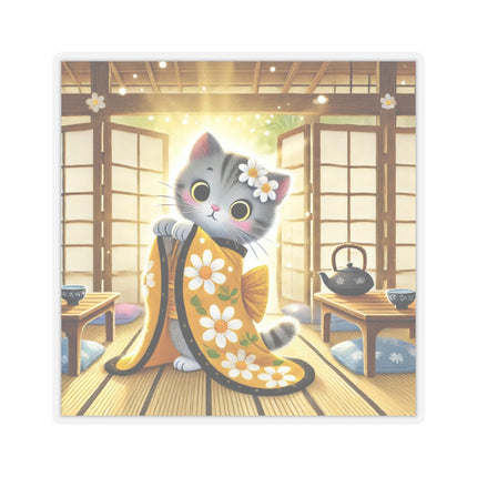 Playful Kitten in the Tea Room Kiss-Cut Stickers (4 Sizes)