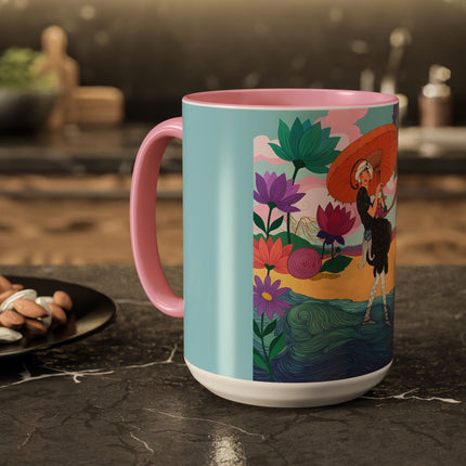 The Lady Of The Coral Parasol Colorful Mugs – Art Deco Coastal Elegance