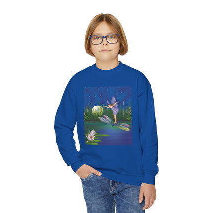 Fairy on a Dragonfly Youth Crewneck Sweatshirt – Enchanting Moonlit Fantasy