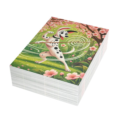 🌸🐕 The Cherry Blossom Staff Dancer Greeting Card – Whimsical Garden Adventure