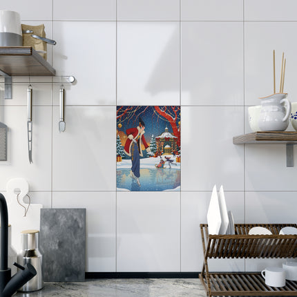 ⛸️🎄 The Christmas Skating Pavilion Ceramic Tile – Art Deco Holiday Elegance