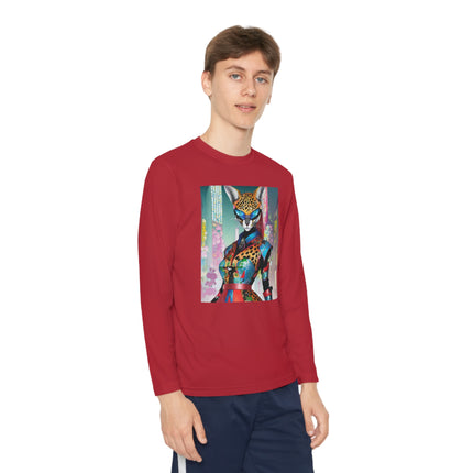 Cyber Cat Glamour Youth Long Sleeve Competitor Tee – Neon Elegance & Futuristic Style