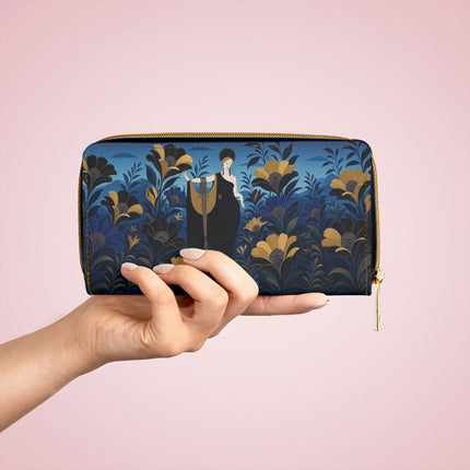 🌼💙 The Midnight Golden Blossom Wallet – Art Deco Floral Elegance