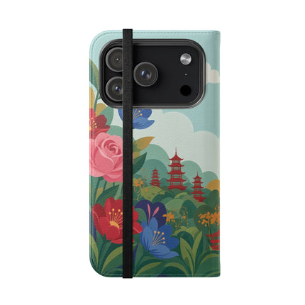 🌸🏯 The Lady Of The Pagoda Garden Flip Case – Art Deco Floral Fantasy