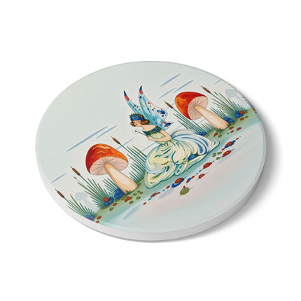 🧚🍄 The Fairy Of The Scarlet Mushrooms Ceramic Coaster – Art Deco Woodland Fantasy