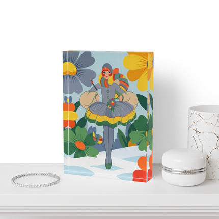 ❄️🌼 The Winter Flower Wanderer Acrylic Art Block – Colorful Art Deco Snow Fantasy