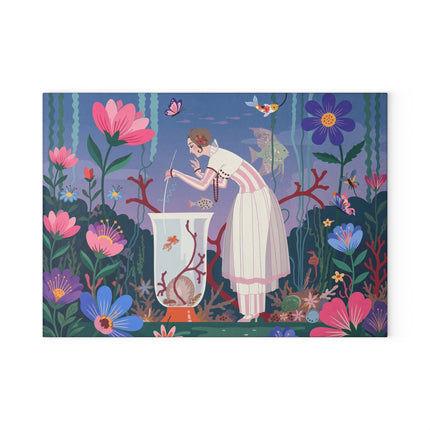 🐠🌸 The Lady Of The Enchanted Aquarium Glass Cutting Board – Art Deco Underwater Garden Fantasy