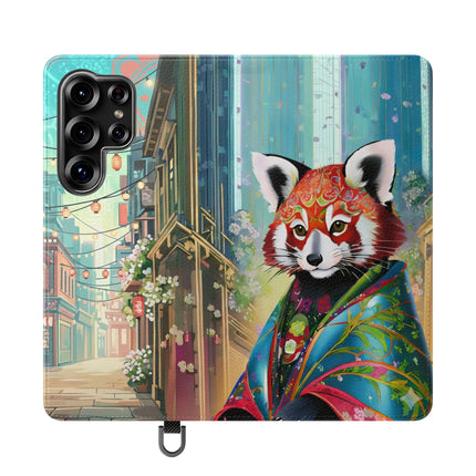 🦝✨ Cybernetic Red Panda Flip Case – Neon Charm & Futuristic Wonder