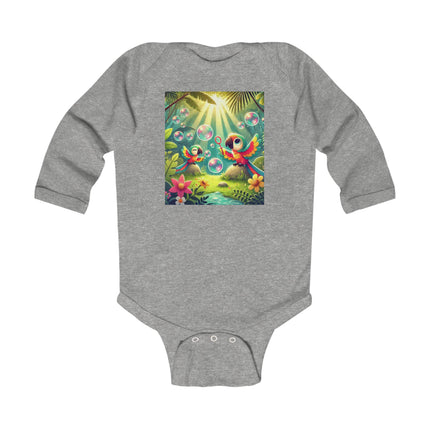 Parrots and Bubbles Baby Long Sleeve Bodysuit – Whimsical Tropical Bird Design