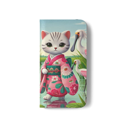 🦩🌸 Geisha Kitten Strolls Among the Spoonbills Flip Case – Serene Grace & Marshland Wonder