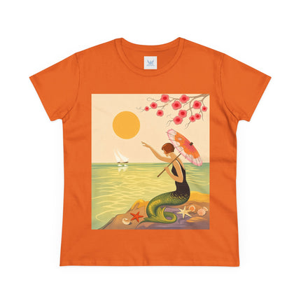 🧜‍♀️🌸 The Mermaid Beneath The Blossoms Cotton Tee – Art Deco Seaside Fantasy