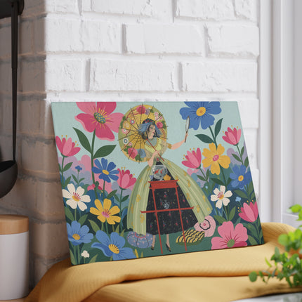 🌸🪞 The Lady Of The Flower Parasol Glass Cutting Board – Art Deco Garden Fantasy