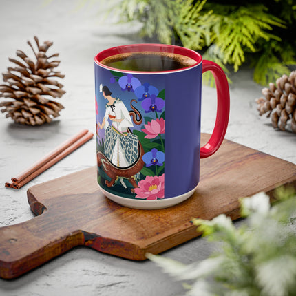 The Lady And The Garden Dragon Colorful Mugs – Art Deco Mythical Botanical Elegance