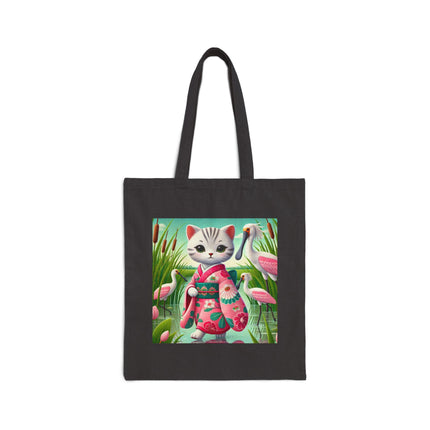 Geisha Kitten Strolls Among the Spoonbills Cotton Canvas Tote Bag
