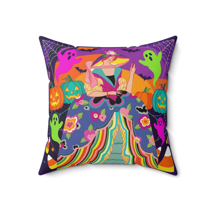 🌈👻 The Rainbow Ghost Masquerade Square Pillow – Colorful Halloween Charm