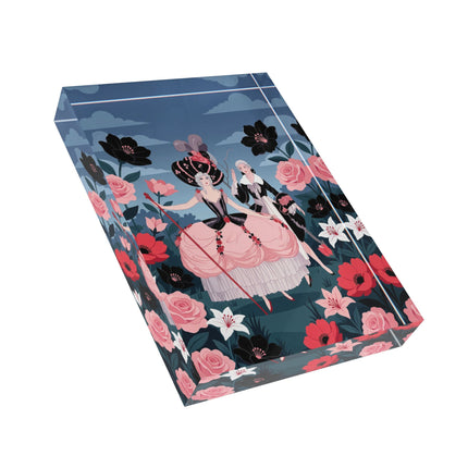 🌹🎀 The Lady Of The Grand Floral Masquerade Acrylic Art Block – Art Deco Fashion Whimsy