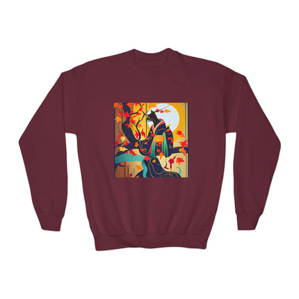 Black Cat in Kimono Youth Crewneck Sweatshirt