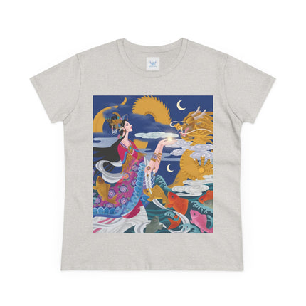 Dragon Pearl Offering Women's Midweight Cotton Tee – Mystical Fantasy & Golden Grace