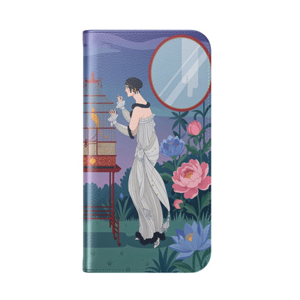 🐦🌸 The Lady And The Golden Bird Flip Case – Art Deco Floral Reverie