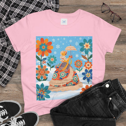 🌼❄️ The Winter Parasol Lady Cotton Tee – Art Deco Floral Fantasy