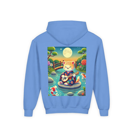 Melodic Kitten by the Koi Pond Youth Hooded Sweatshirt – Peaceful Harmony & Playful Music