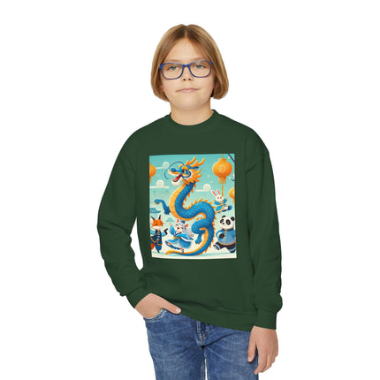 Blue & Gold Dragon Festival Parade Youth Crewneck Sweatshirt – Celebration, Color & Joyful Movement