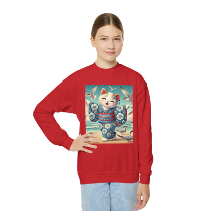 Geisha Kitten by the Seaside Youth Crewneck Sweatshirt – Coastal Charm, Joy & Whimsical Elegance
