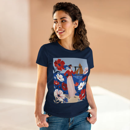 ⚓🌺 The Seaside Flower Adventurer Cotton Tee – Art Deco Nautical Fashion