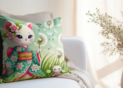 Geisha Kitten and the Dandelion Wish Spun Polyester Square Pillow