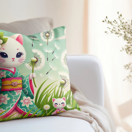 Geisha Kitten and the Dandelion Wish Spun Polyester Square Pillow