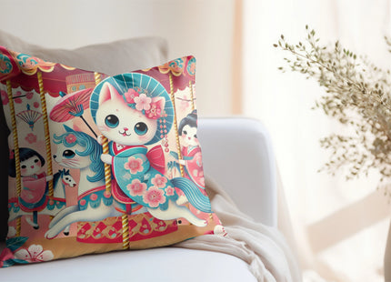 Geisha Kitten's Enchanted Carousel Ride Spun Polyester Square Pillow
