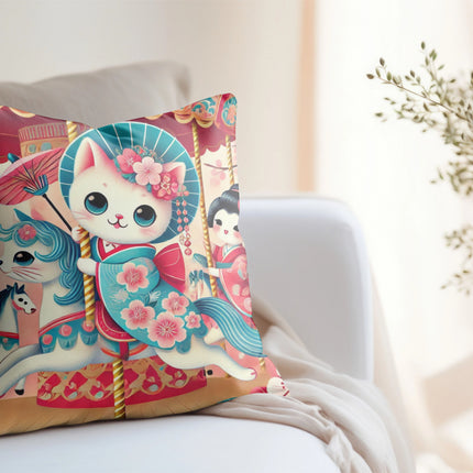Geisha Kitten's Enchanted Carousel Ride Spun Polyester Square Pillow