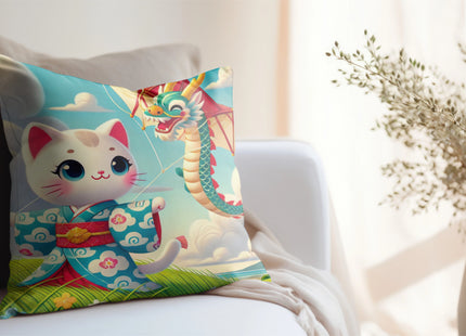 Geisha Kitten and the Dragon Kite Spun Polyester Square Pillow