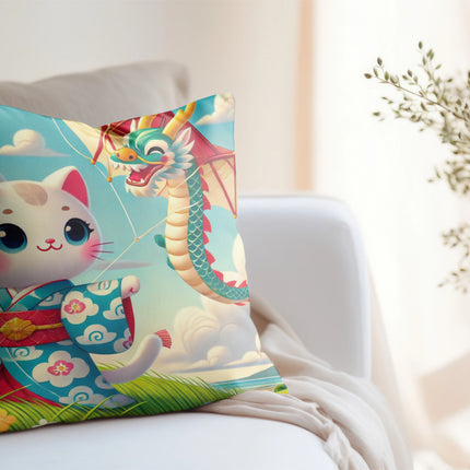 Geisha Kitten and the Dragon Kite Spun Polyester Square Pillow
