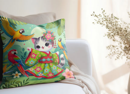 Parrot Dance of the Geisha Kitten Spun Polyester Square Pillow