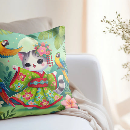 Parrot Dance of the Geisha Kitten Spun Polyester Square Pillow