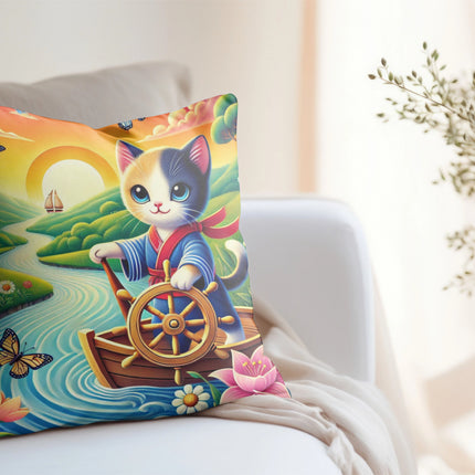 Sailor Kitten’s River Adventure Spun Polyester Square Pillow