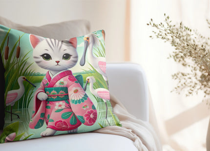 Geisha Kitten Strolls Among the Spoonbills Spun Polyester Square Pillow
