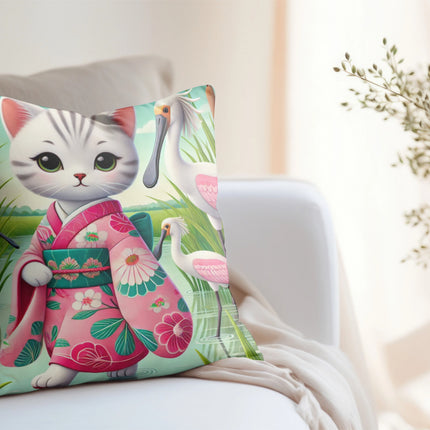 Geisha Kitten Strolls Among the Spoonbills Spun Polyester Square Pillow