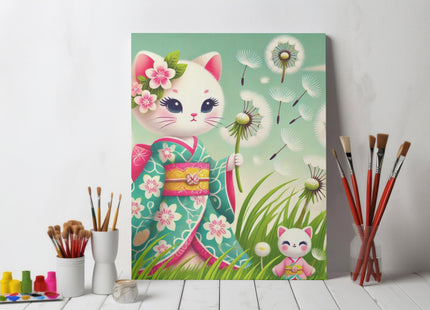 Geisha Kitten and the Dandelion Wish Giclée Art Print