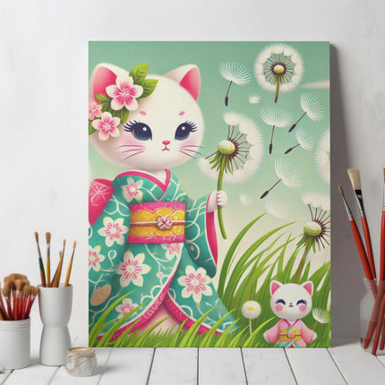 Geisha Kitten and the Dandelion Wish Giclée Art Print