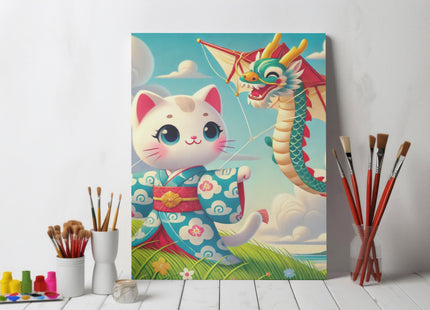Geisha Kitten and the Dragon Kite Giclée Art Print