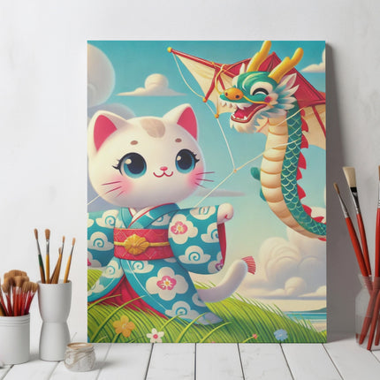 Geisha Kitten and the Dragon Kite Giclée Art Print