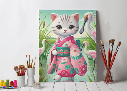 Geisha Kitten Strolls Among the Spoonbills Giclée Art Print