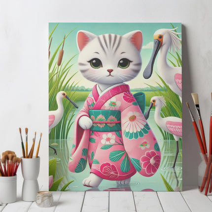 Geisha Kitten Strolls Among the Spoonbills Giclée Art Print