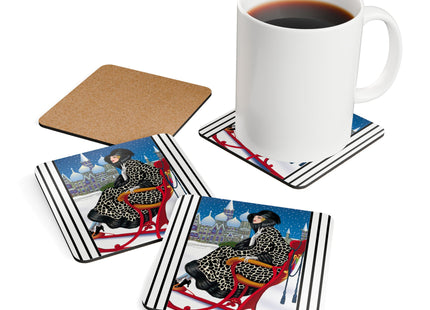 Elegant Winter Woman in Sleigh Corkwood Coaster Set