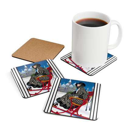 Elegant Winter Woman in Sleigh Corkwood Coaster Set