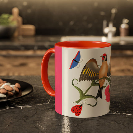 Goldfinch & Pink Flowers Colorful Mugs – Vibrant Spring & Bold Beauty