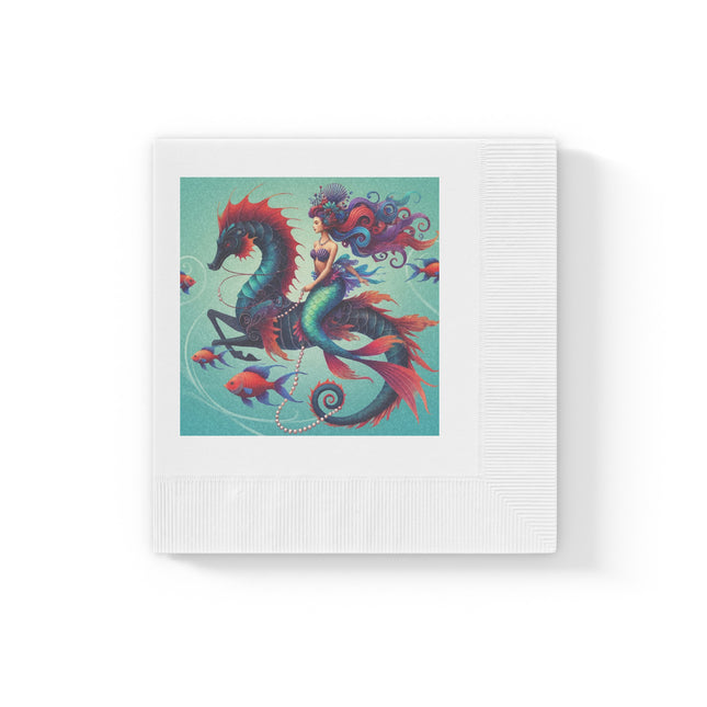 Mermaid & Sea Dragon White Coined Napkins – Ocean Guardian & Mythic Beauty