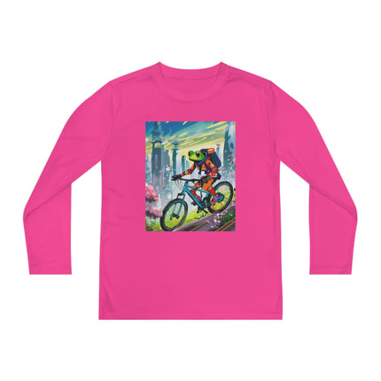 Cyberpunk Frog Youth Long Sleeve Competitor Tee – Neon Trails & Futuristic Adventure